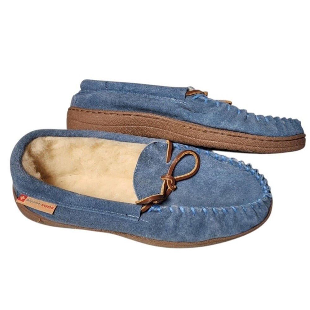 Alpine Swiss Sabine Womens Suede Shearling Slip On Moccasin Slippers Blue Size 9